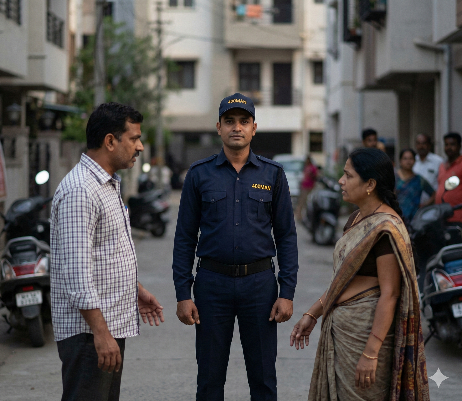 Indian peace officer calmly mediating a tense public situation, people listening, body language relaxed, evening urban street, cinematic lighting