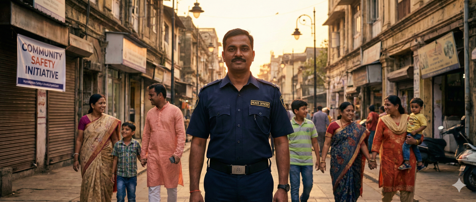 Cinematic wide hero image showing calm professional Indian peace officer standing confidently in an urban street, warm lighting, families in background feeling safe, premium brand photography