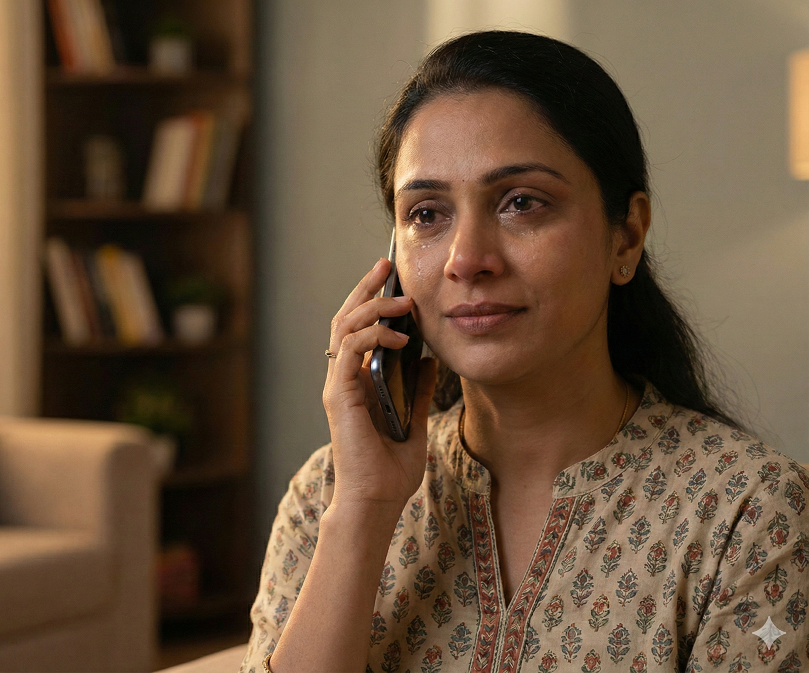Close-up image of a person making an emergency phone call calmly, modern Indian home interior, soft lighting, emotional yet reassuring tone
