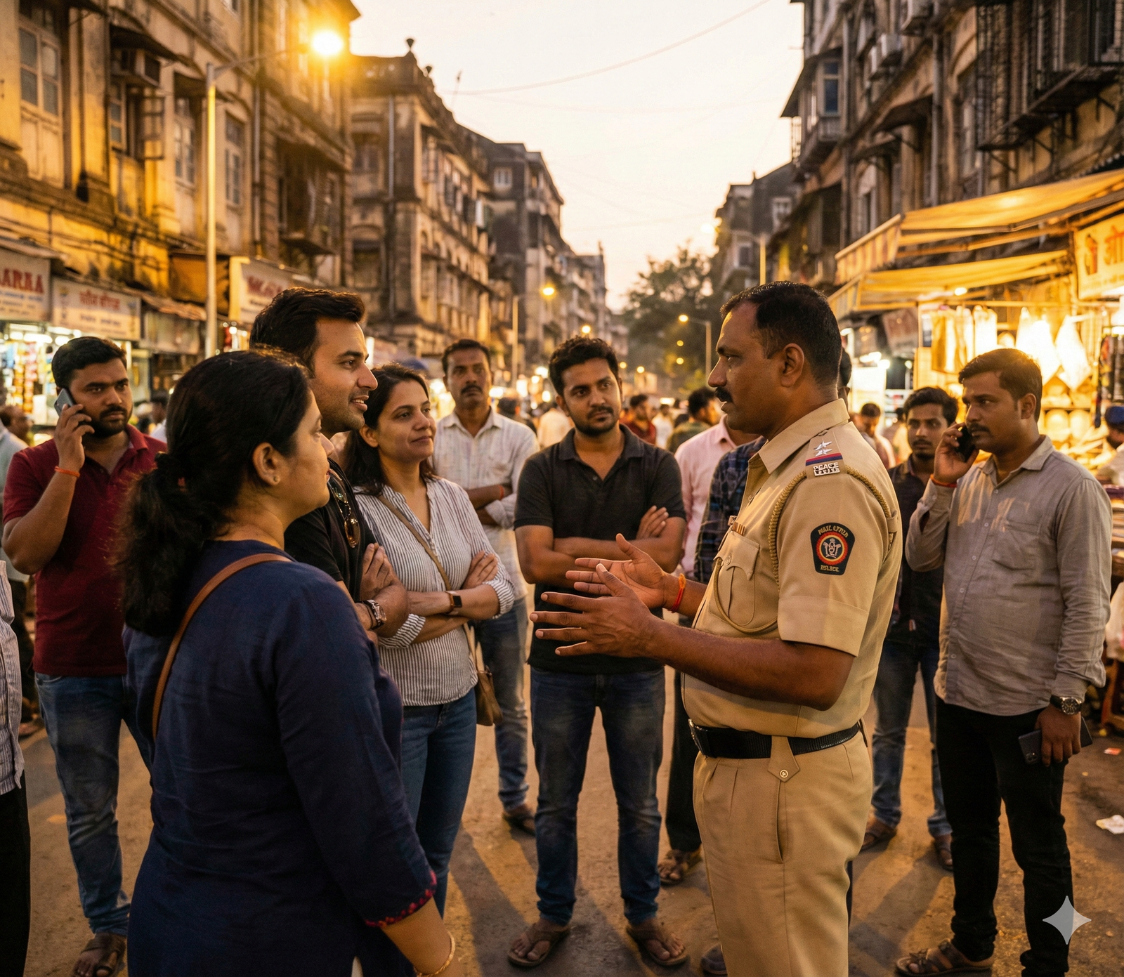 Indian peace officer calmly mediating a tense public situation, people listening, body language relaxed, evening urban street, cinematic lighting