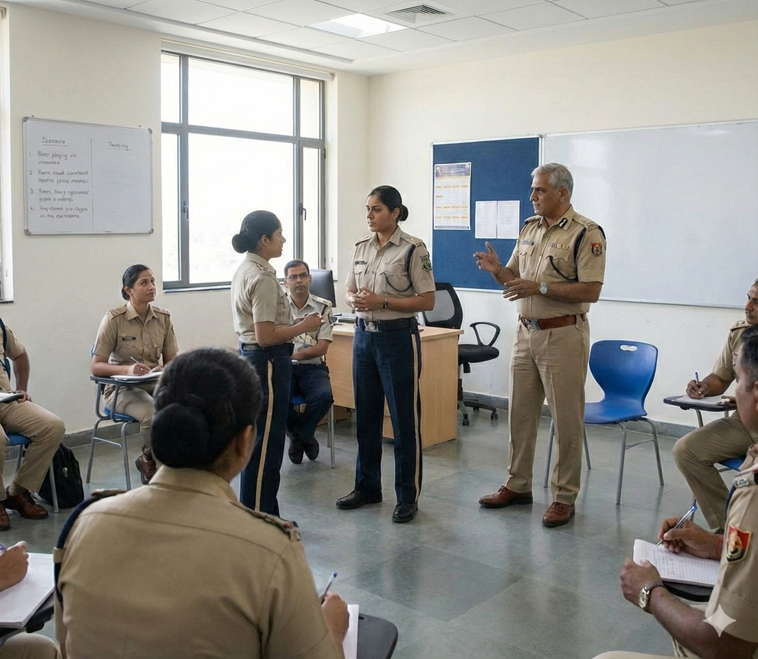 Indian peace officers in professional training session, calm posture, communication drills, indoor academy setting, premium documentary photography